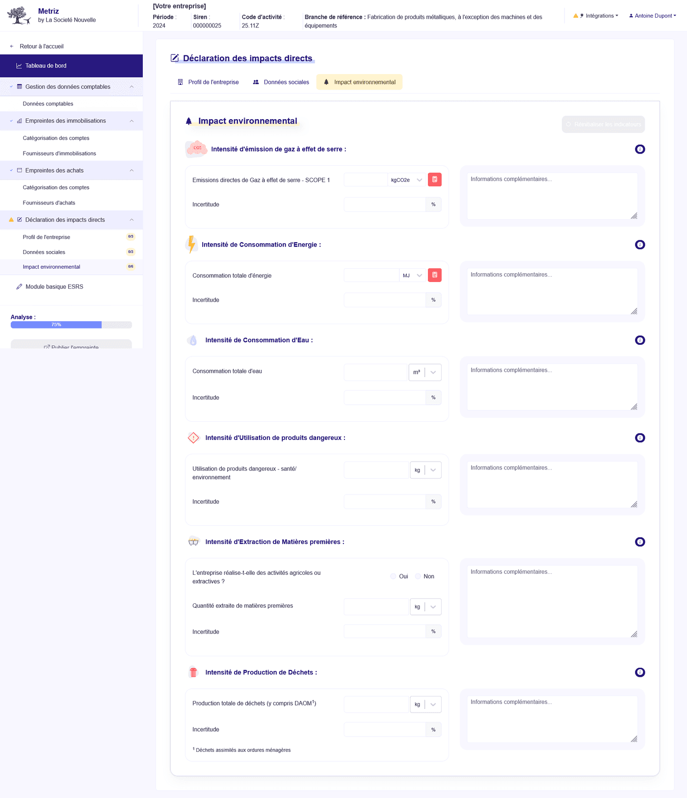 Page de déclaration - Impact environnemental - Application METRIZ
