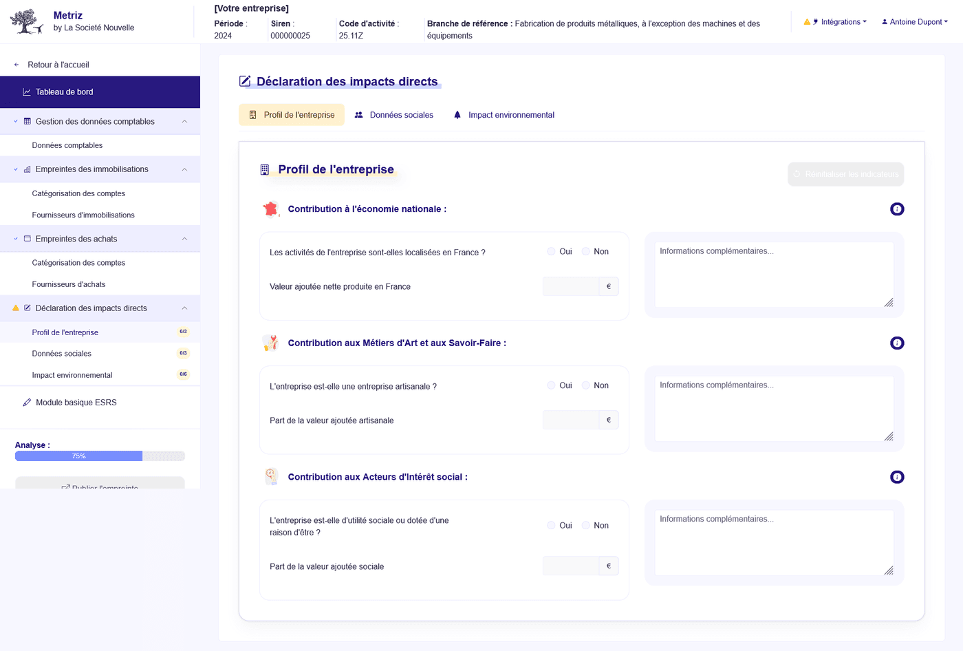 Page de déclaration - Profil de l'entreprise - Application METRIZ