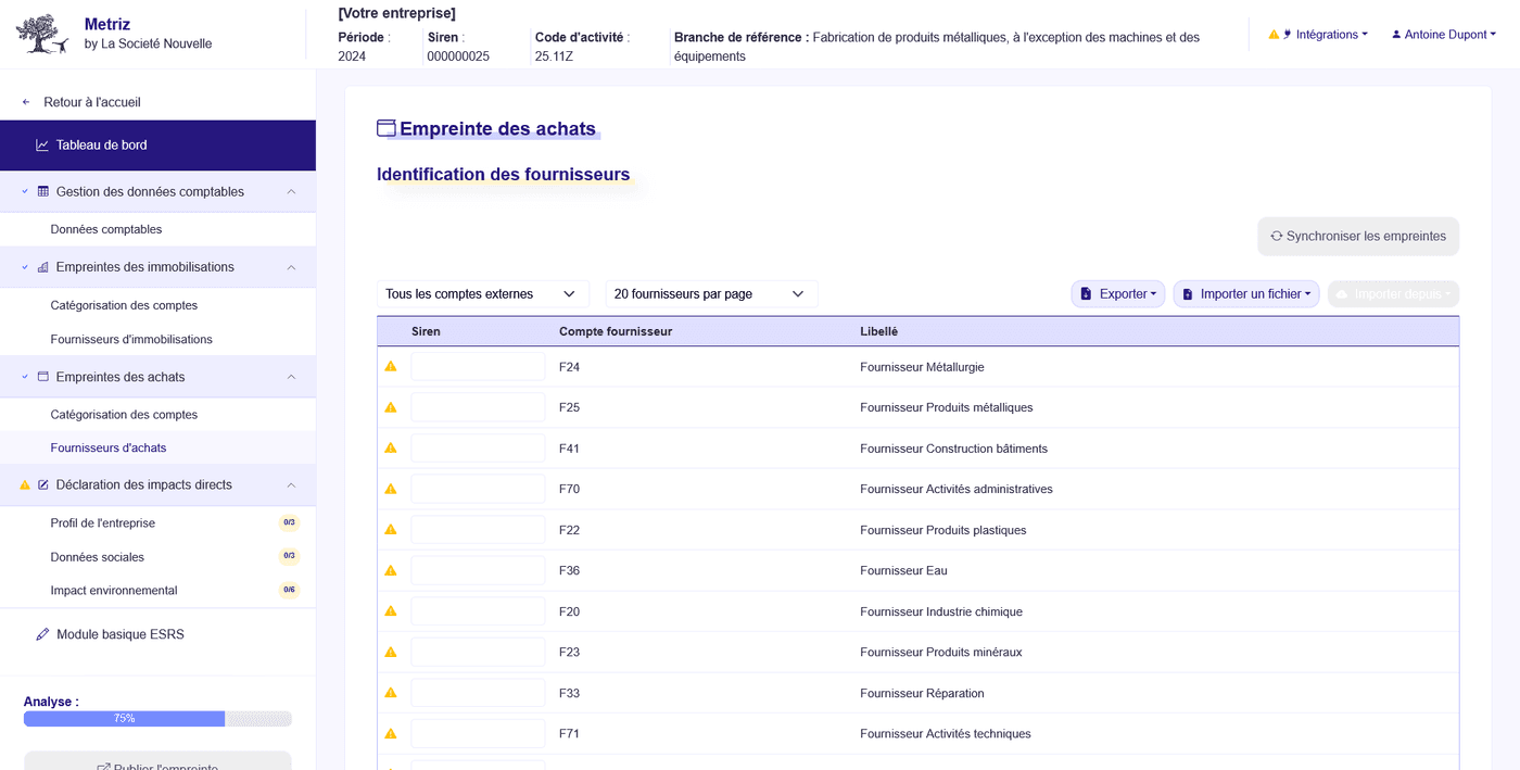 Vue identification des fournisseurs d'achats - Application METRIZ