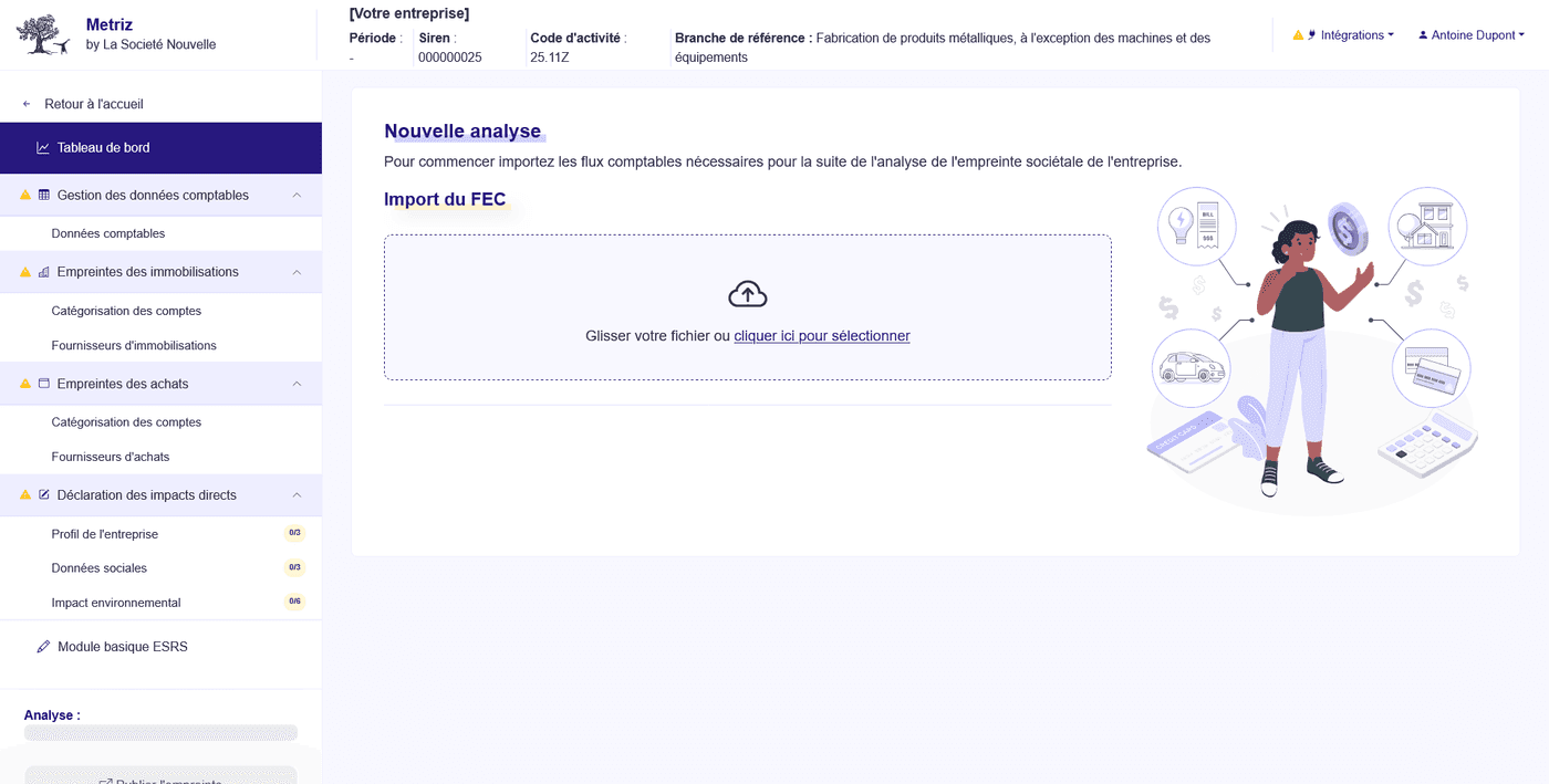 Page d'import du FEC - Application METRIZ