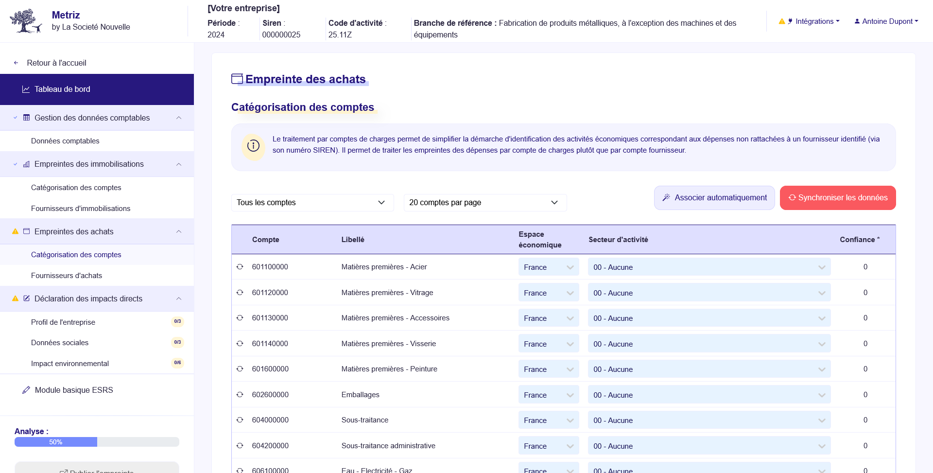 Page de catégorisation des achats - Application METRIZ