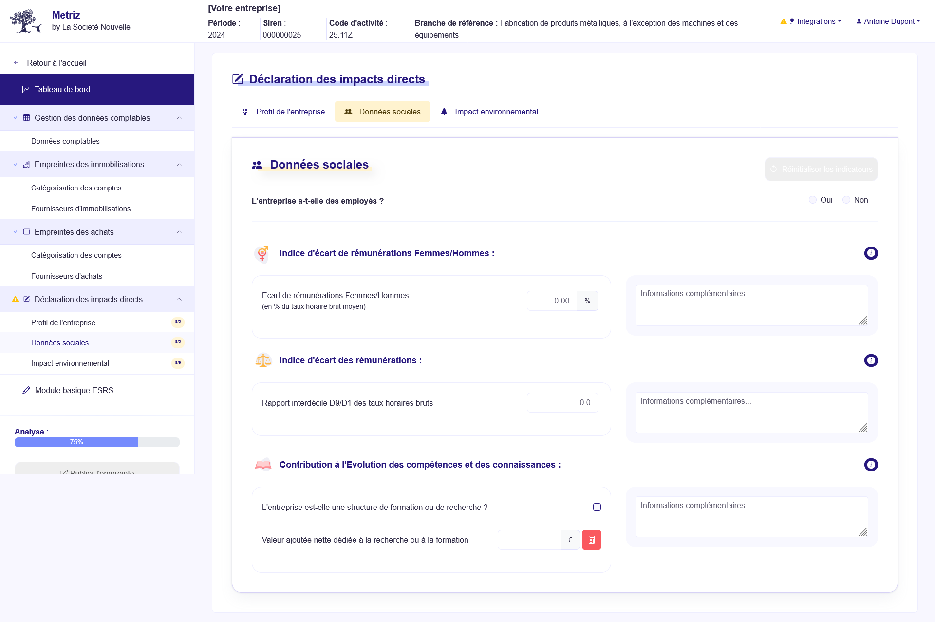 Page de déclaration - Données sociales - Application METRIZ