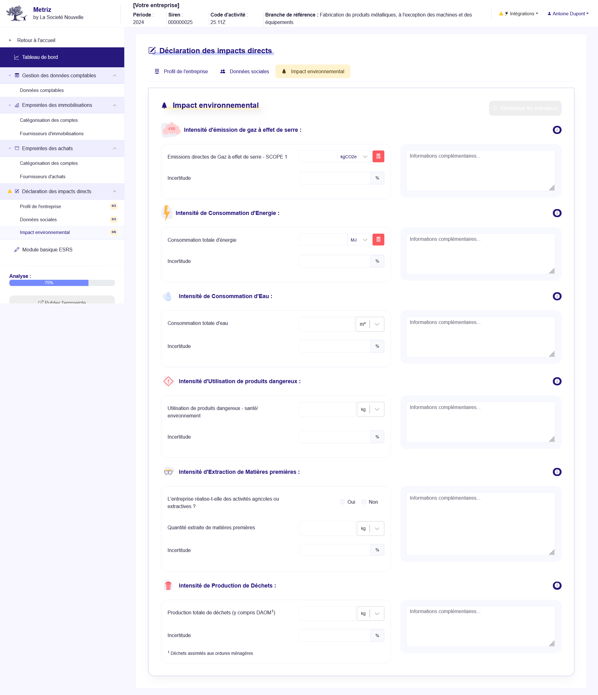 Page de déclaration - Impact environnemental - Application METRIZ