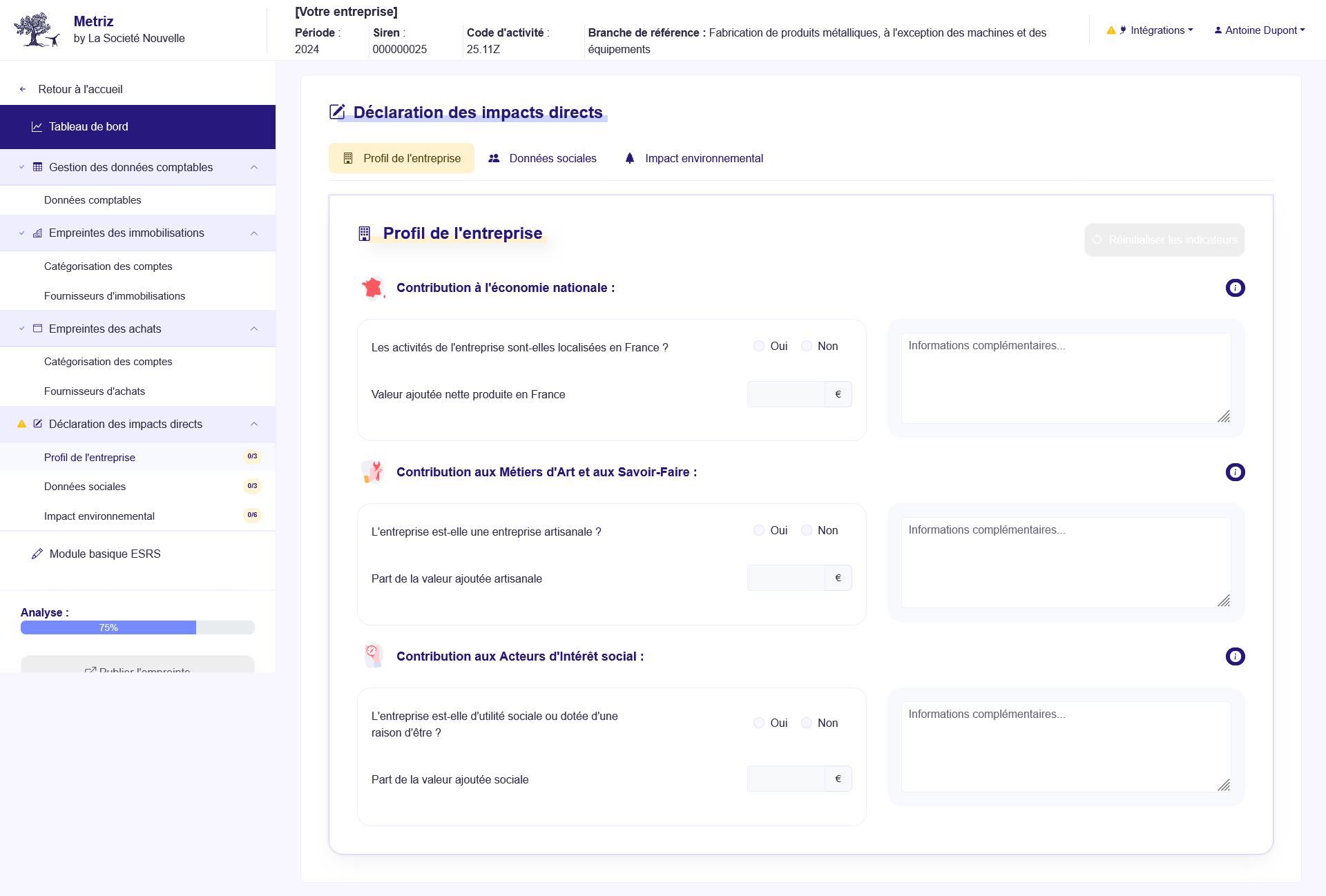Page de déclaration - Profil de l'entreprise - Application METRIZ