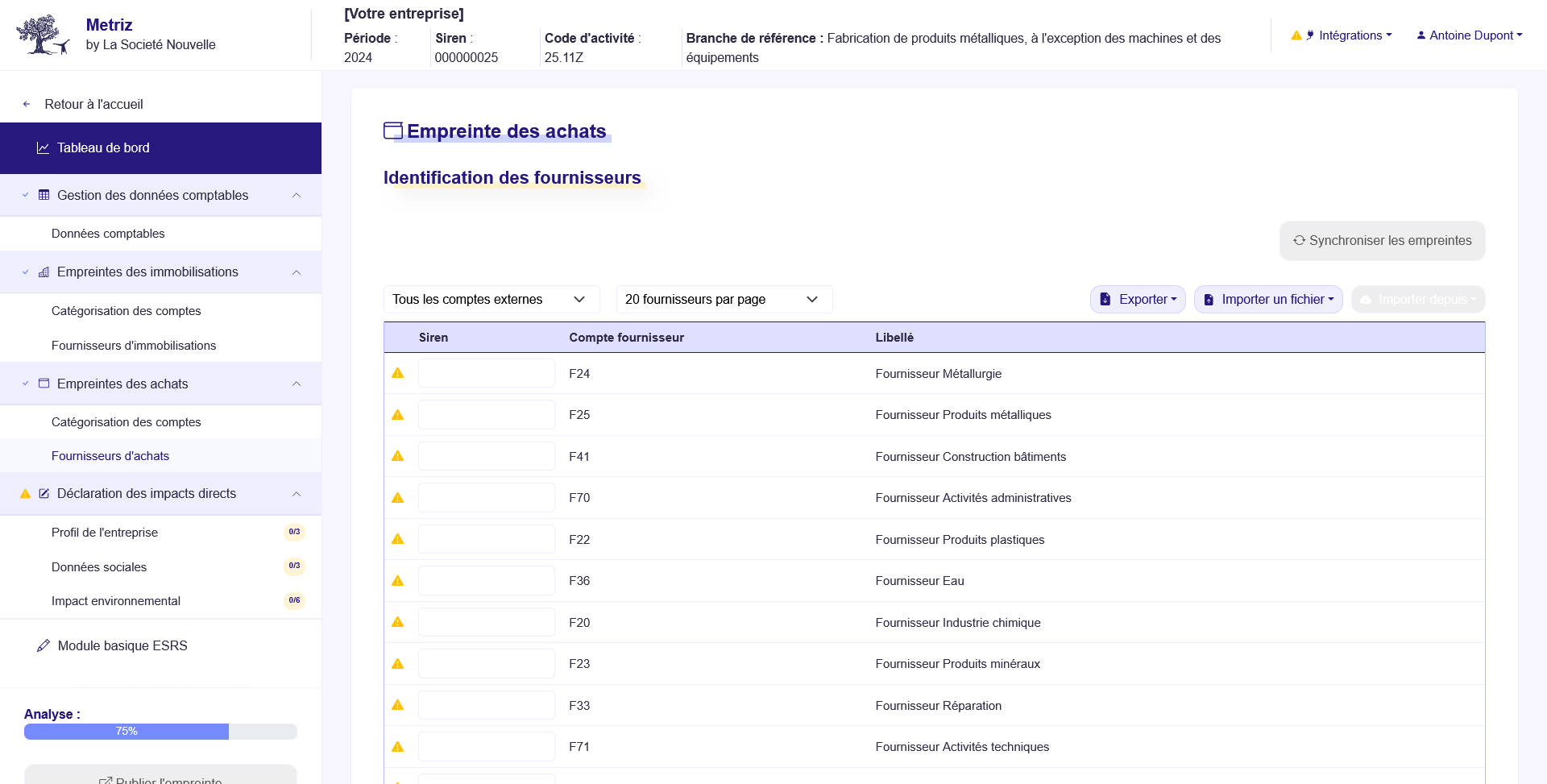 Vue identification des fournisseurs d'achats - Application METRIZ