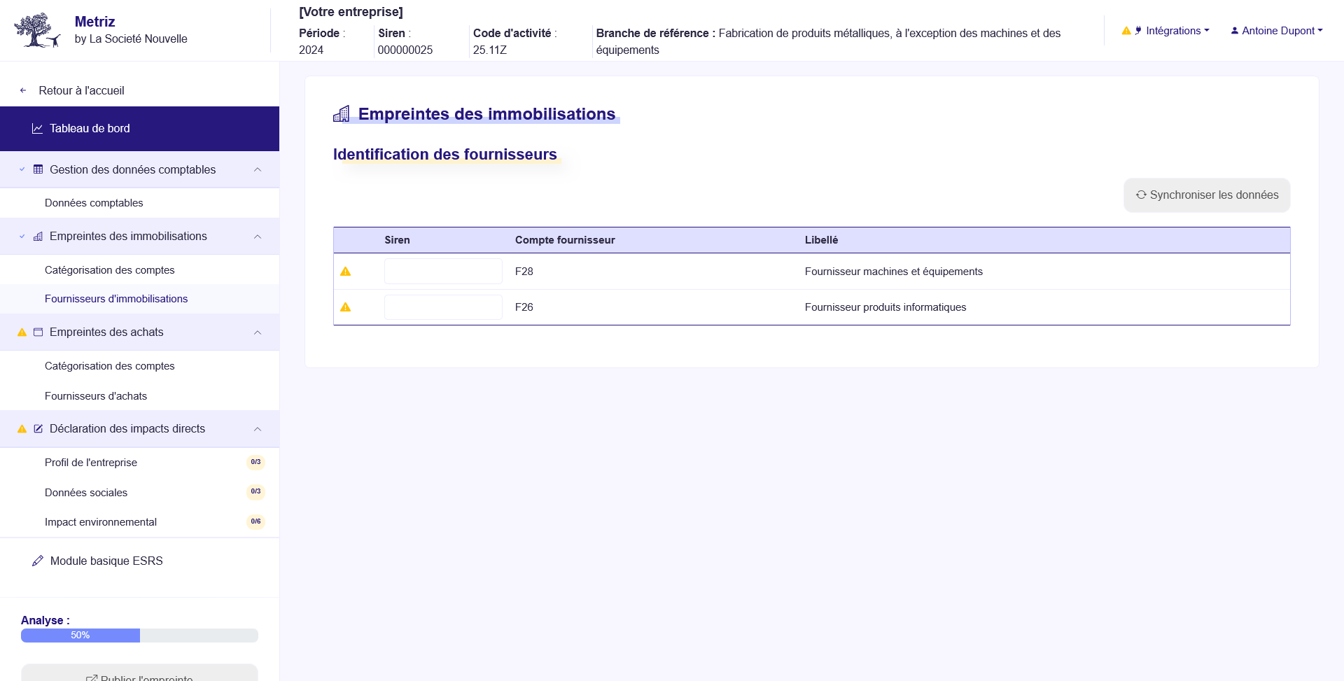 Vue identification des fournisseurs d'immobilisations - Application METRIZ