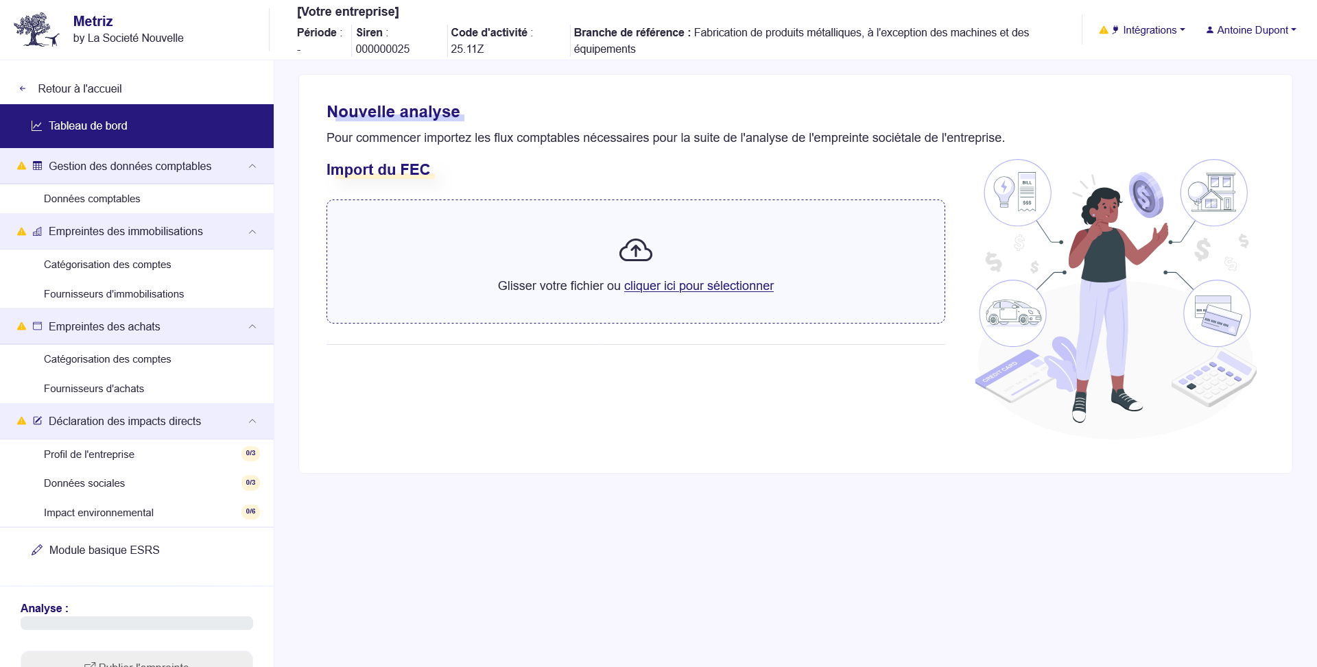 Page d'import du FEC - Application METRIZ