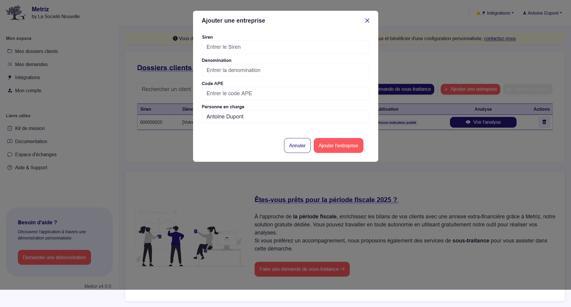 Page d'ajout d'unité légale - Application METRIZ
