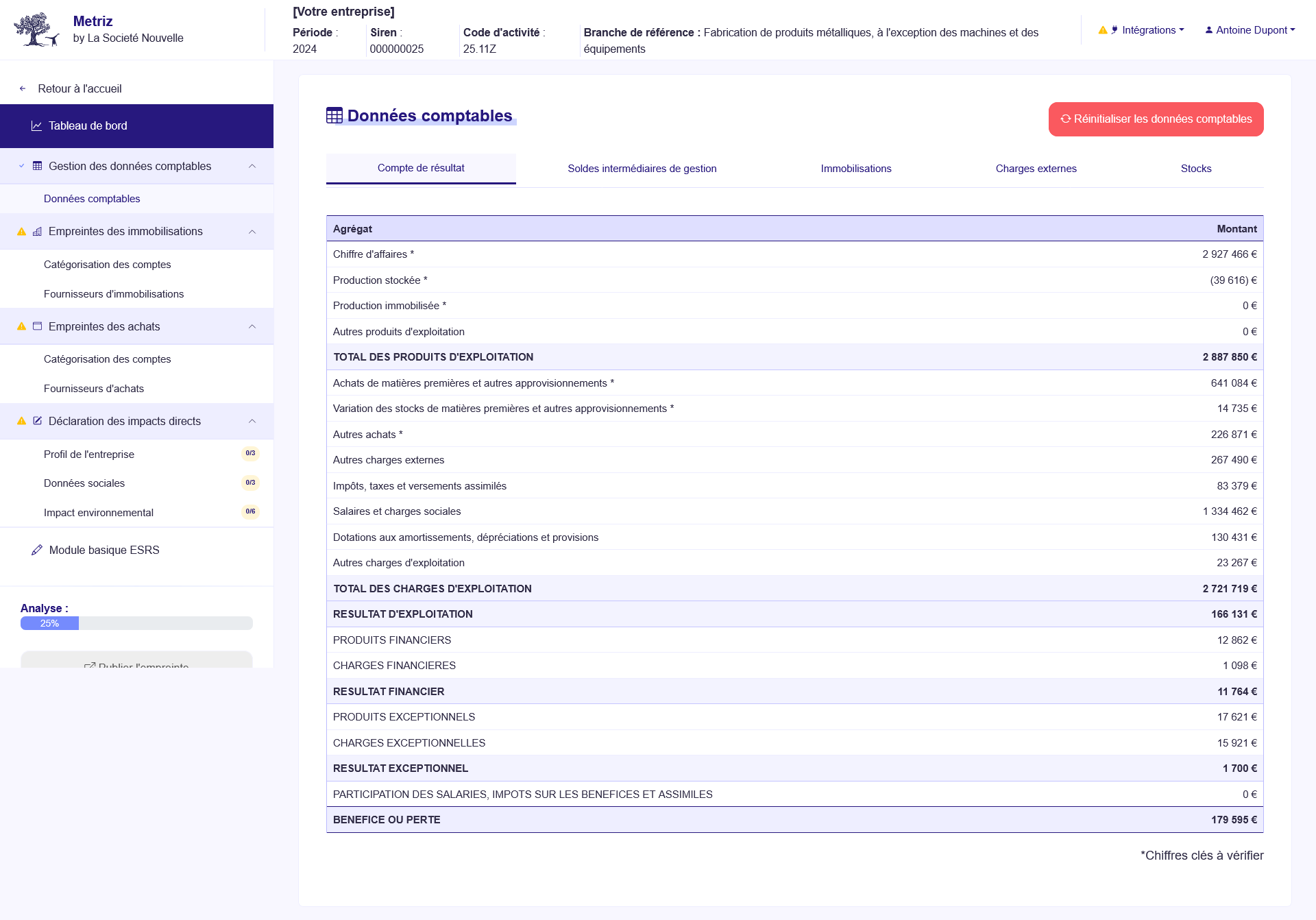 Page de visualisation des données comptables - Application METRIZ